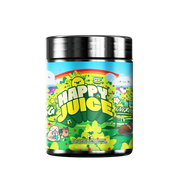 Bright blue container with colorful cartoon forest, rainbow, animals, and "Happy Juice Energy" text on the label