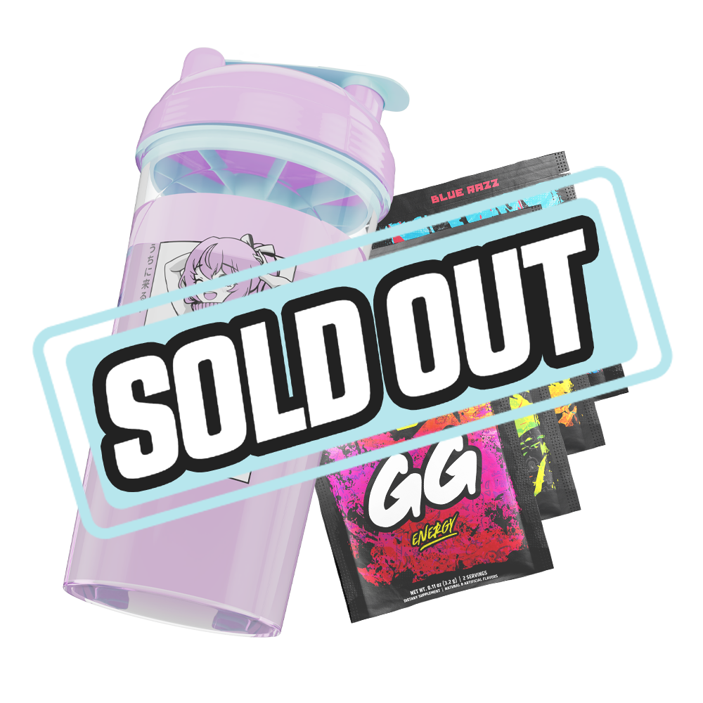 Clear shaker bottle with pastel purple lid, light blue flip cap, and black stylized logo on the side.