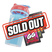 Clear shaker bottle with red lid, blue flip cap, and a black stylized "GD" logo on the side.