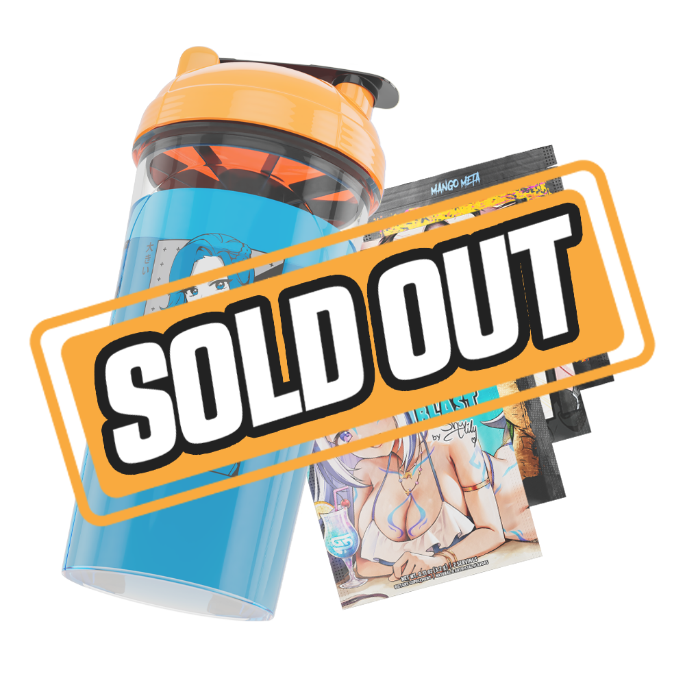 Clear shaker bottle with black logo and bright orange lid featuring a flip-top cap and internal mixing mechanism.