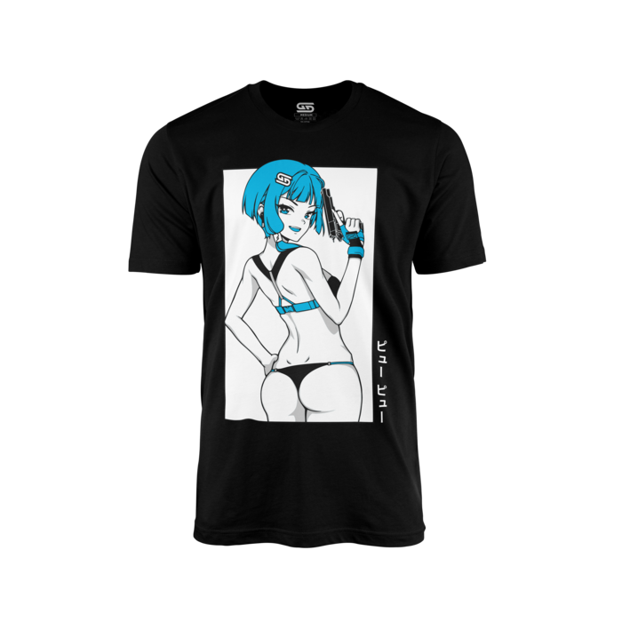 Black shirt with a blue-haired anime woman in black and blue lingerie holding a gun, with Japanese text on the side.