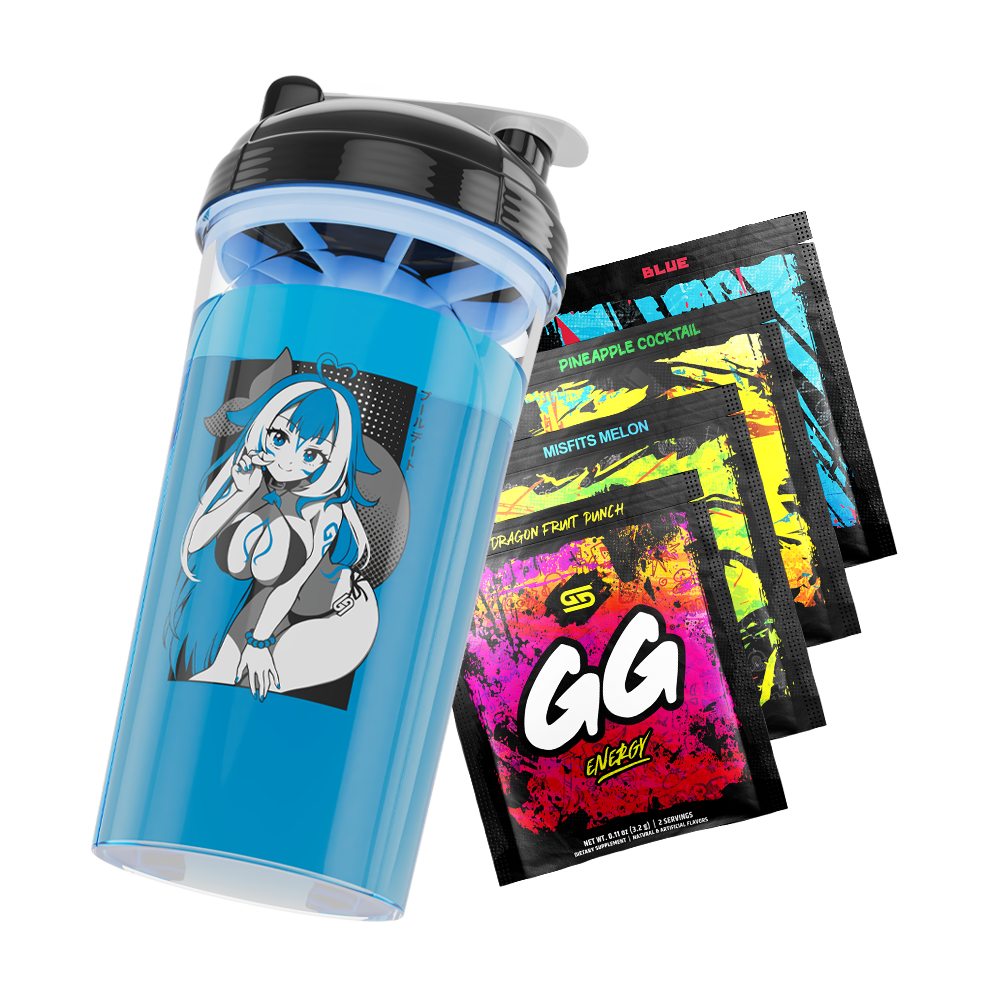 shylily double date shaker tilted right over four free gamer supps sample packs