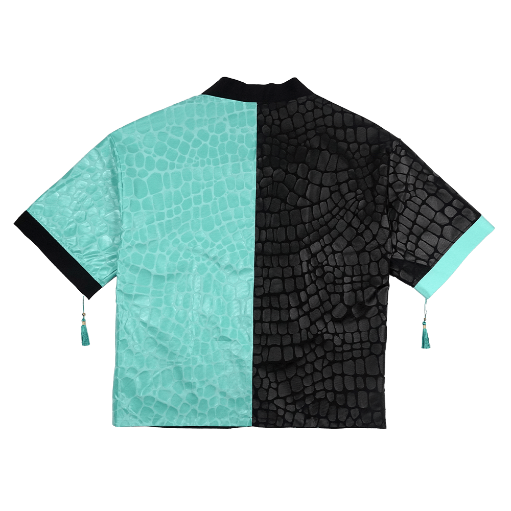 Black and turquoise kimono with white interior and exterior designs and a snake scale finish