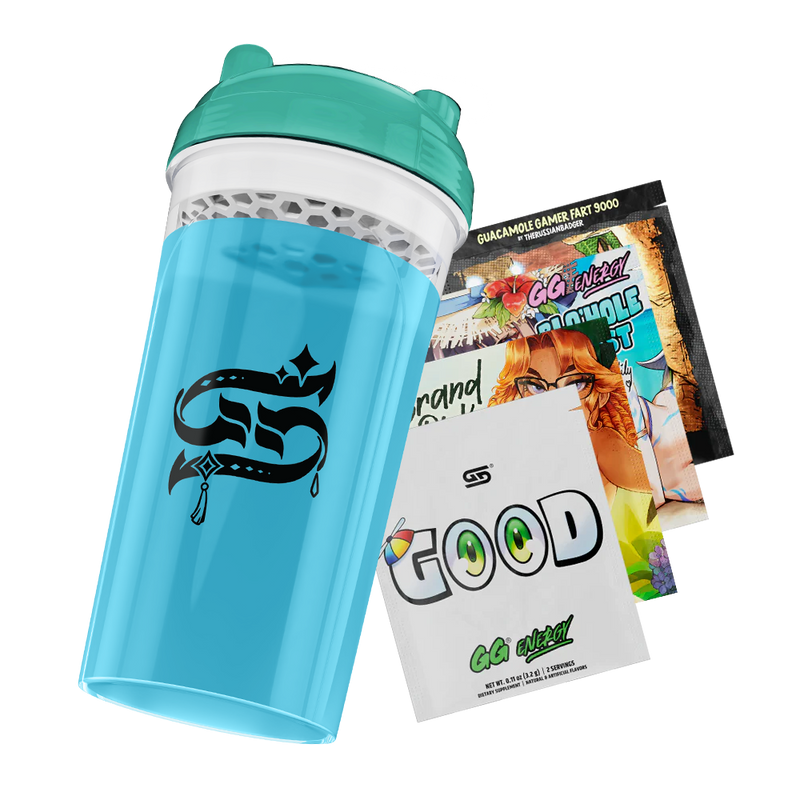Blue and teal shaker bottle with cartoon design
