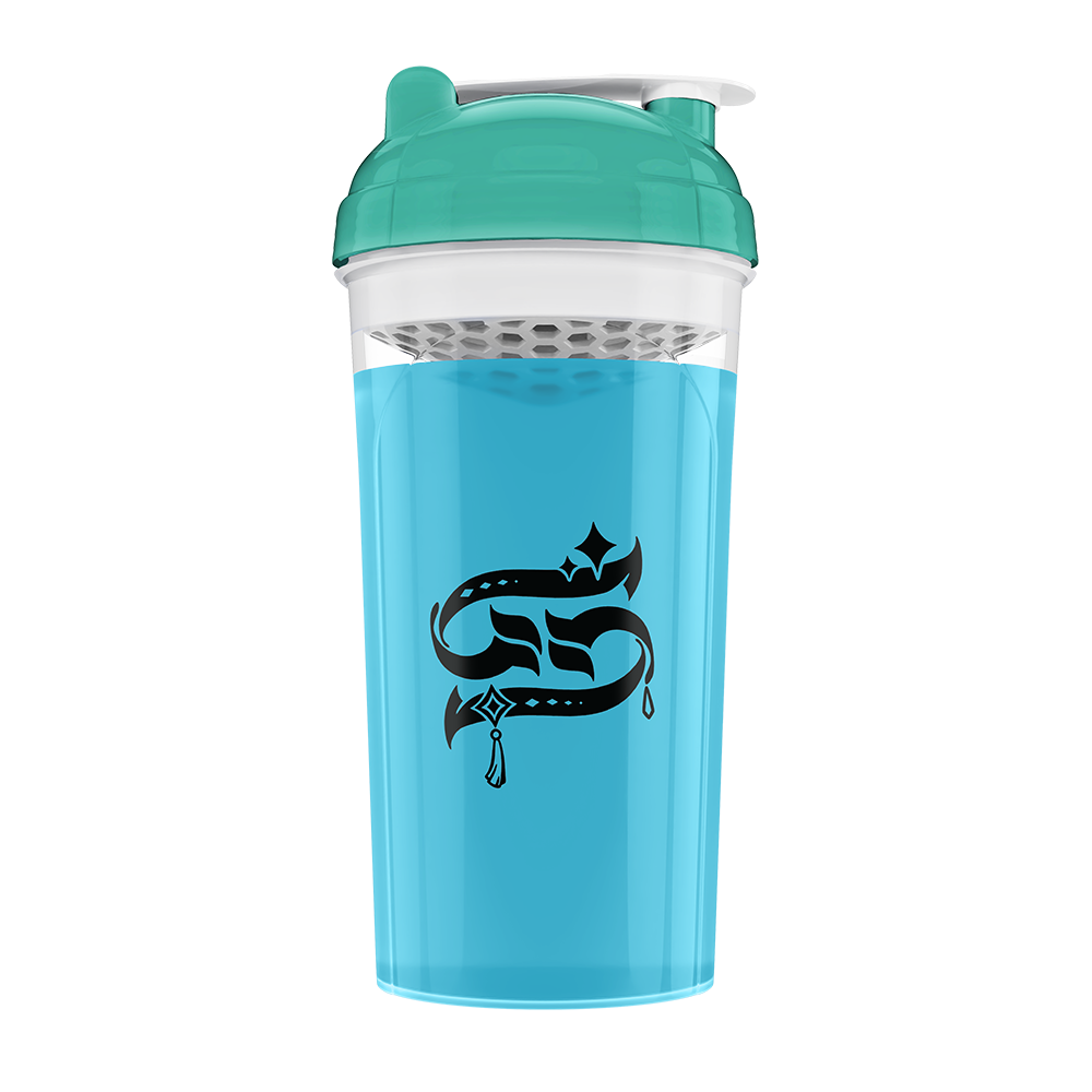 Blue and teal shaker bottle with cartoon design
