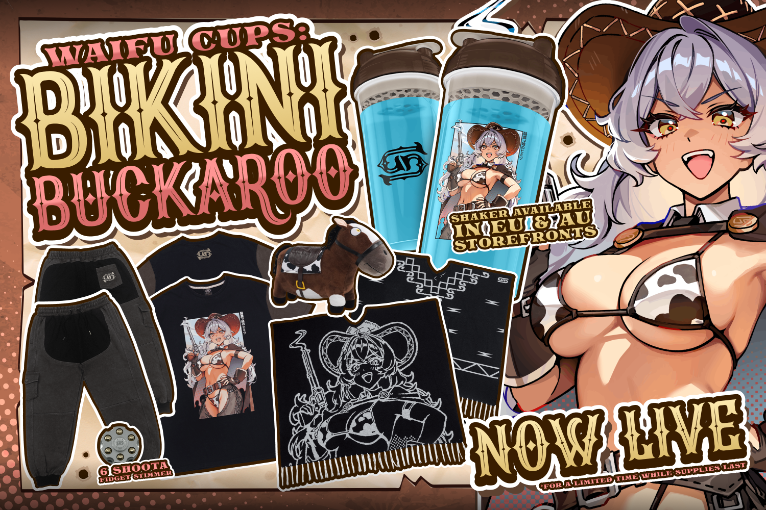Promotional collage for Waifu Cups: Bikini Buckaroo featuring merchandise including two blue cups with character graphics, black pants, a black T-shirt, a black sweatshirt, and a brown plush, alongside an illustrated anime-style woman and large 'NOW LIVE' text.