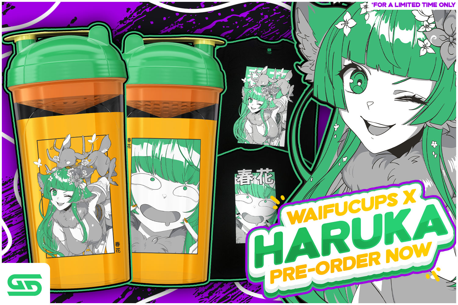 Promotional graphic for a WaifuCups x Haruka pre-order listing, showing two green and orange shaker bottles with anime character artwork, a black T-shirt with matching artwork, and large text reading 'WAIFUCUPS X HARUKA PRE-ORDER NOW'.
