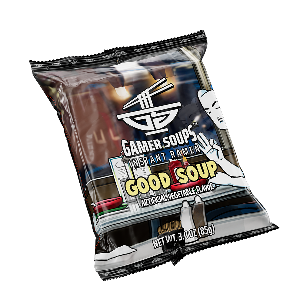 Black package of Gamer Soups instant noodles with nutrition facts and cooking instructions on the back.