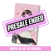 Hand towel with anime-style woman wearing bunny ears, cream ribbed sweater with bow, black skirt, and pink heart background.