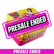 Bright pink lunch box with a yellow center featuring a heart pierced by arrows and barbed wire border