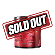 Black container with a red label featuring a glowing-eyed red face and a supplement facts panel on the side.