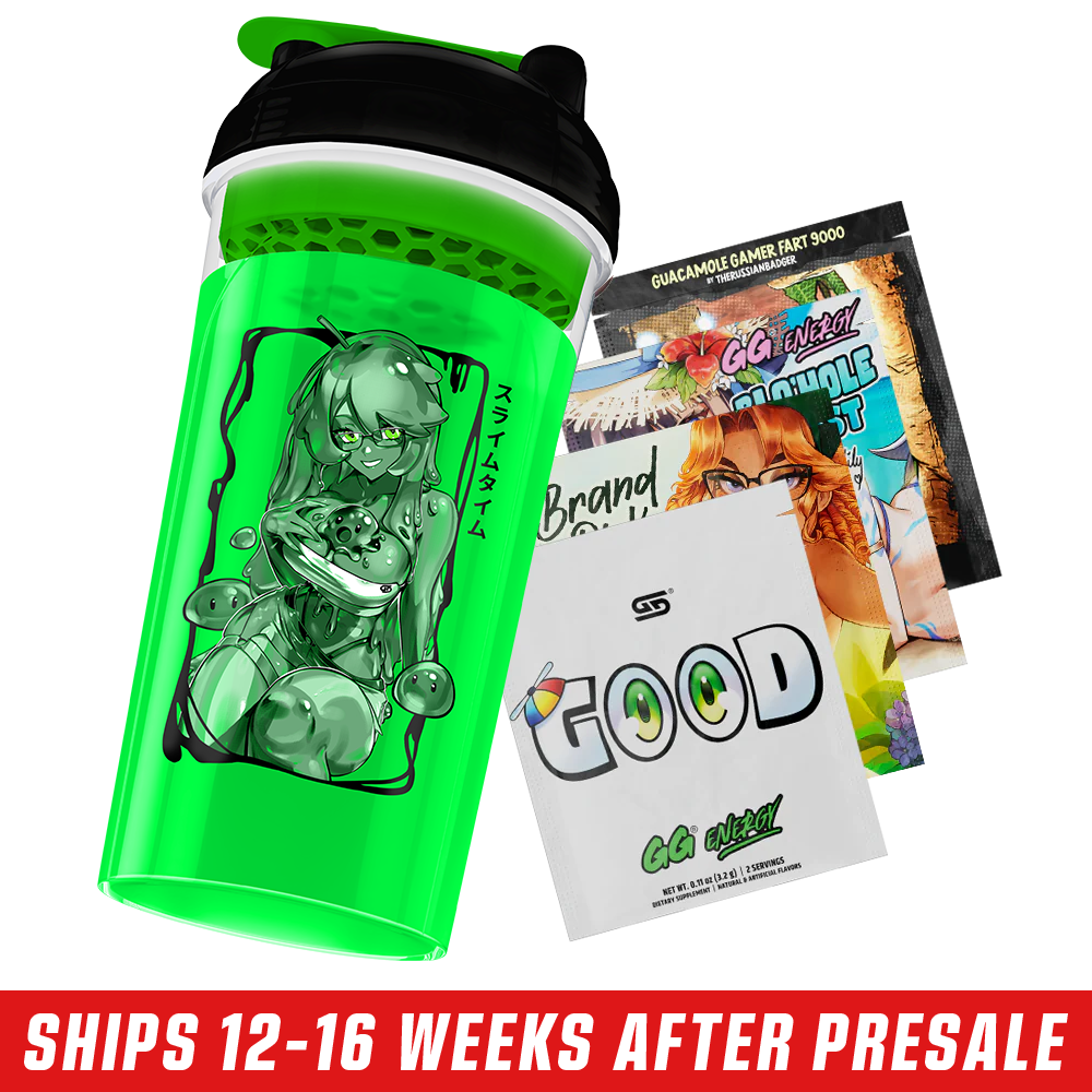 Bright green translucent shaker cup with black lid and anime-style girl holding slime illustration with Japanese text.