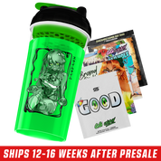 Bright green translucent shaker cup with black lid and anime-style girl holding slime illustration with Japanese text.