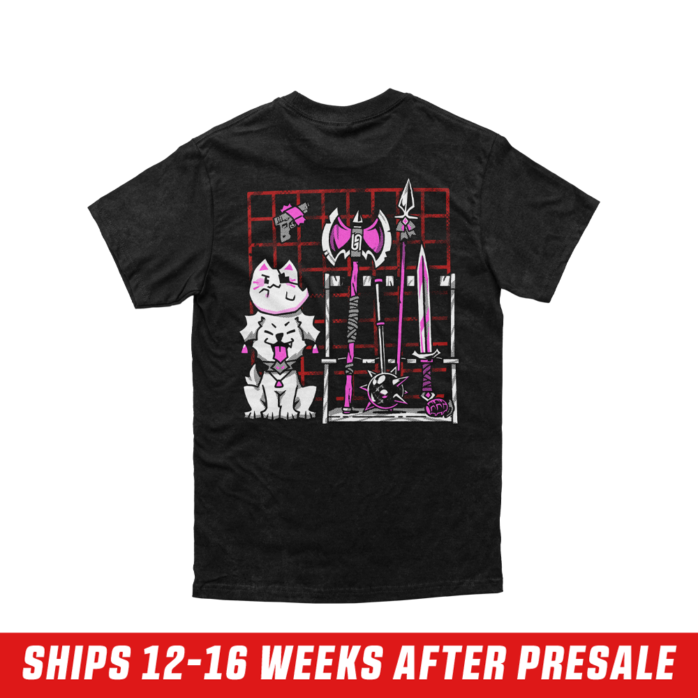 Back of Aethel and Nyanners Shirt showing graphic of a dog and a cat with an eye patch next too a weapons rack in front of a red square grid.