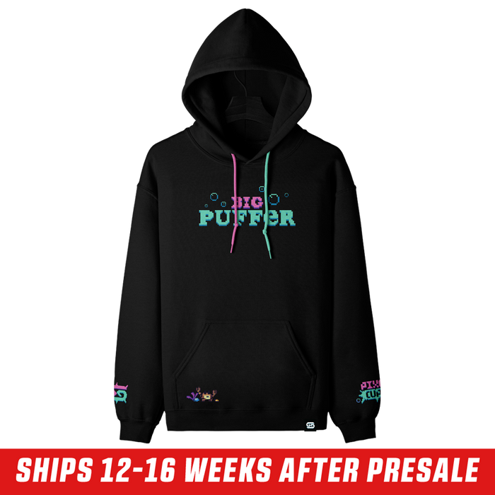 Black hoodie with colorful pixelated text on the lower sleeves and a large hood, size 6XL.