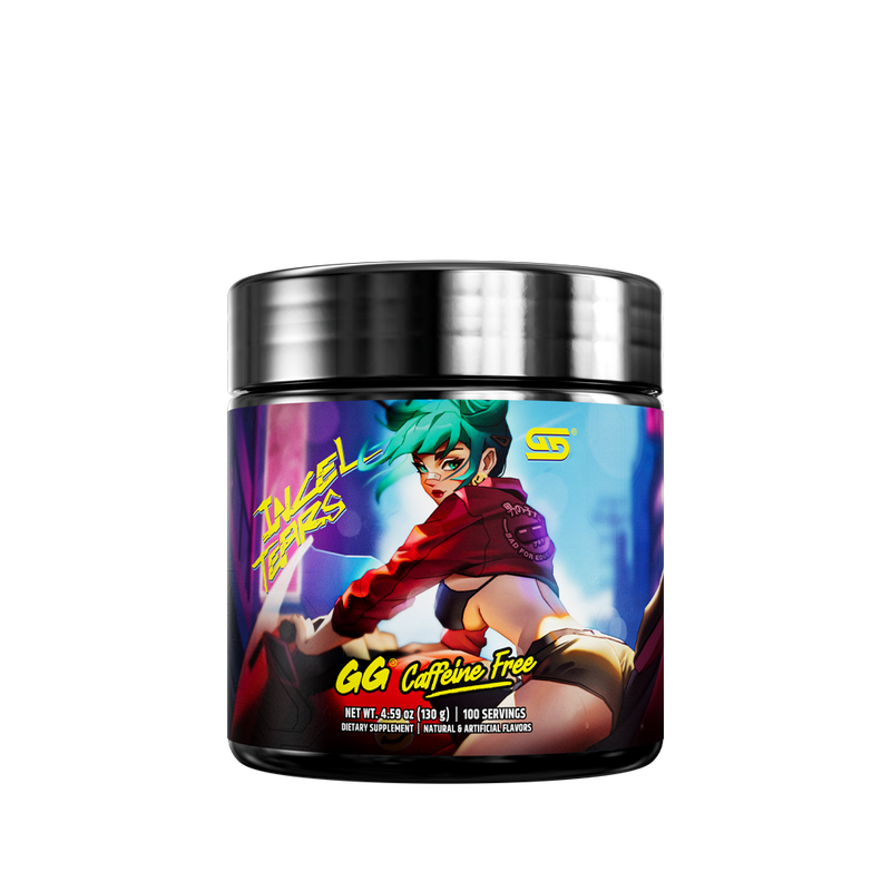 Black container with a purple label showing supplement facts and directions for Incel Tears caffeine-free powder.