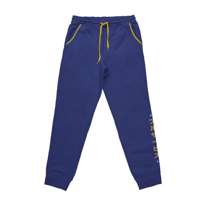 Royal blue sweatpants with a yellow logo on the back pocket and vertical yellow Japanese text on the left leg.