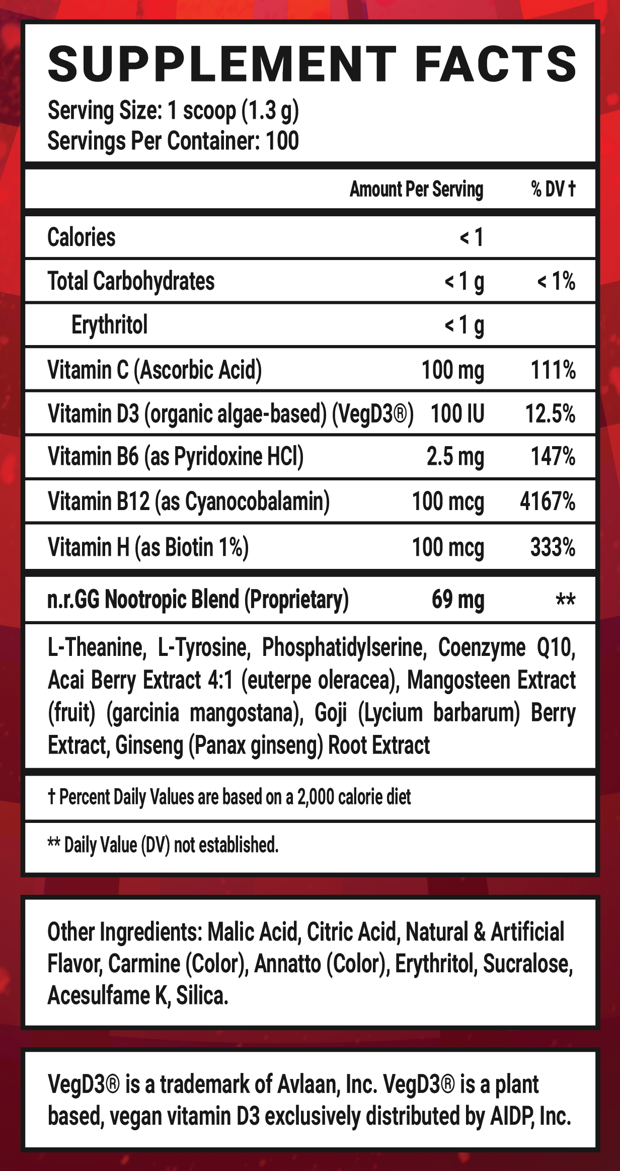 Red 40 Caffeine Free  - 100 Servings Nutrition Chart