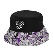 Waifu Cups Bucket Hat showing top of hat and custom waifu cups logo on the front of hat with printed brim showing various designs from Season 4.