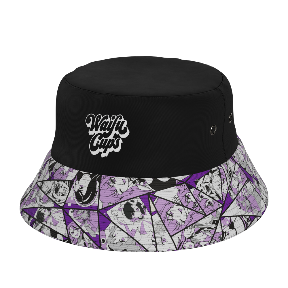 Waifu Cups Bucket Hat showing top of hat and custom waifu cups logo on the front of hat with printed brim showing various designs from Season 4.