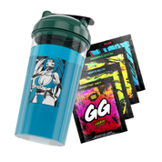 Front of Shinobi Waifu Cup tilted right filled with blue liquid above four free sample packs