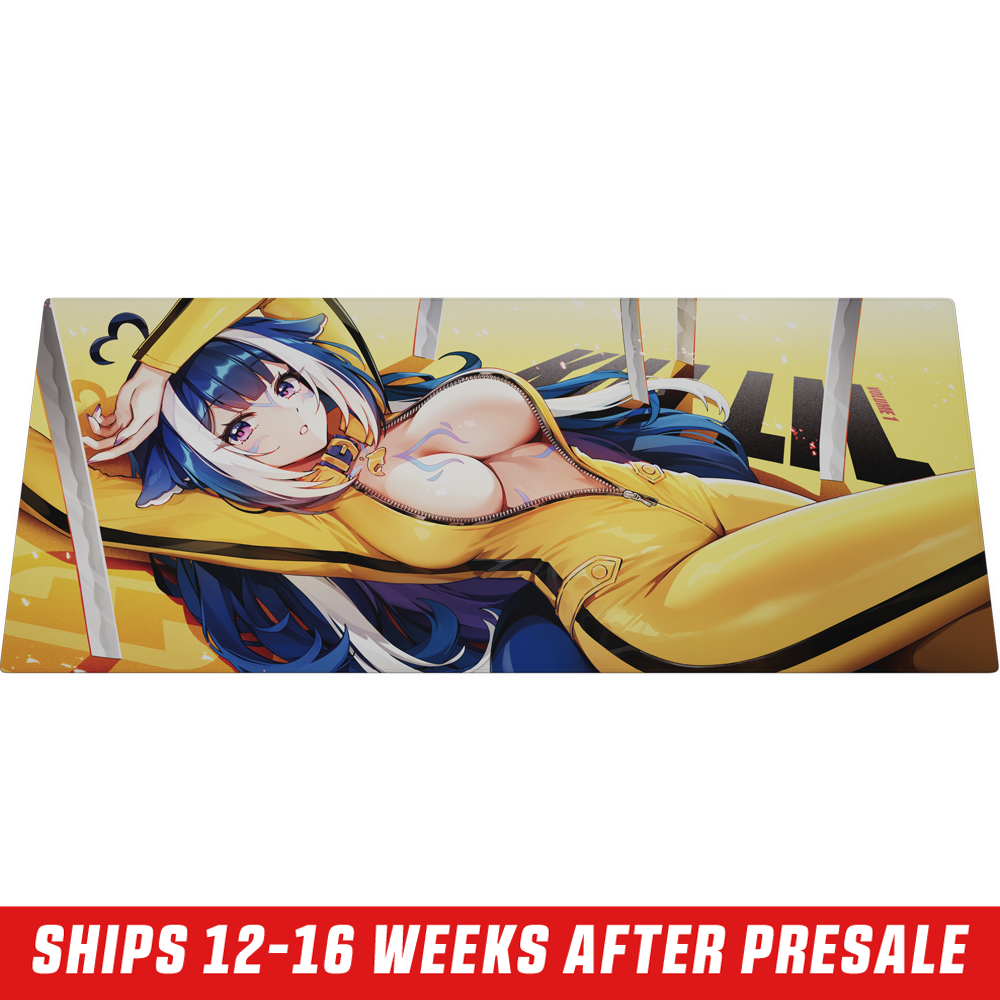 Mouse pad featuring an anime girl with blue and white hair, purple eyes, and a yellow outfit holding a sword.