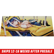 Mouse pad featuring an anime girl with blue and white hair, purple eyes, and a yellow outfit holding a sword.