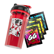 Succubus Waifu Cup filled with red liquid tilted right over 4 Free Gamer Supps Sample Packs