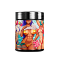 Black container with colorful tropical-themed label showing supplement facts and usage instructions in small text.