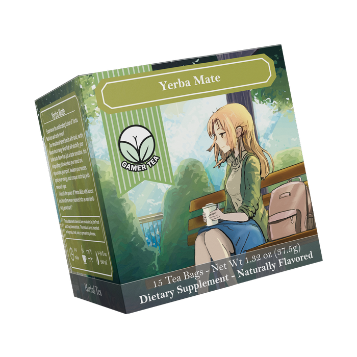 Supplement facts label showing mate leaf ingredient and barcode on a green background with wooden bench illustration.