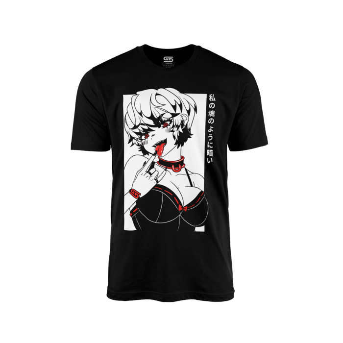 Black shirt with white and red anime girl licking finger, wearing choker and bra, with Japanese text on side.