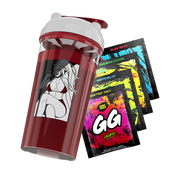 Red and white shaker cup with a black-and-white anime woman in a bikini and five colorful energy drink packets.