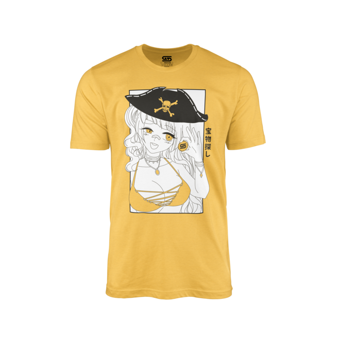 Mustard yellow shirt with anime pirate girl wearing a black hat and yellow bikini top in a white frame.