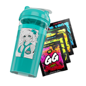 Teal shaker cup with anime girl illustration and four colorful GG Energy drink mix packets fanned out beside it.