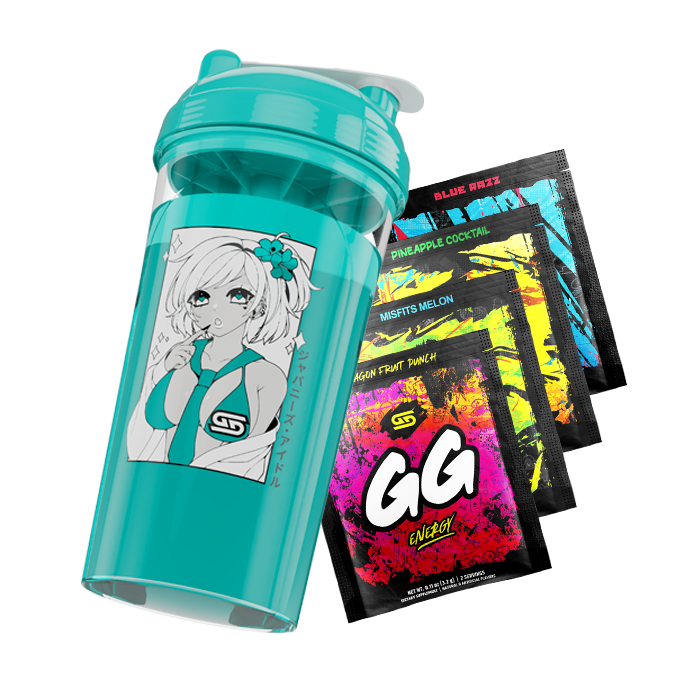 Teal shaker cup with anime girl illustration and four colorful GG Energy drink mix packets fanned out beside it.