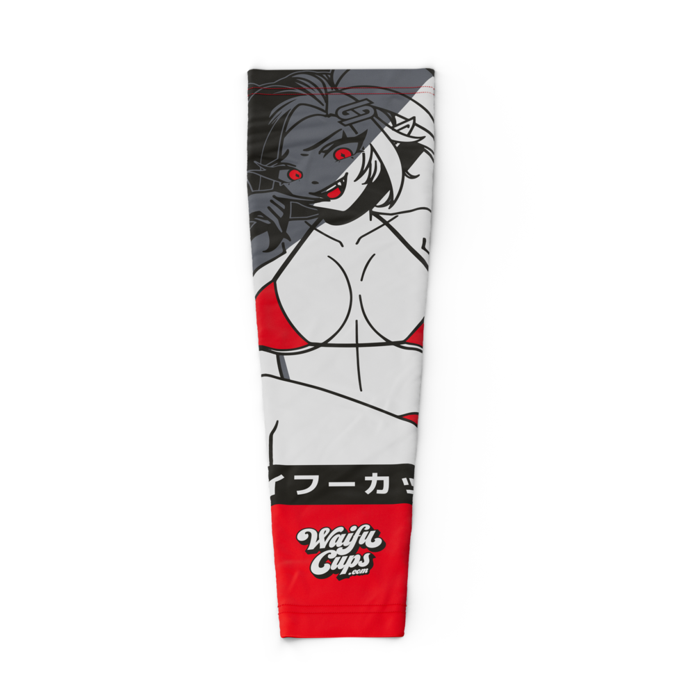 Gaming sleeve with anime-style character in red bikini and red eyes on white and black background with red cuff and logo.