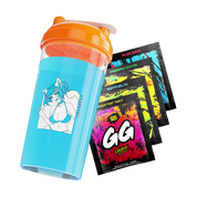 Blue shaker cup with orange lid featuring a blue-haired cat girl in a bikini alongside colorful energy drink packets.