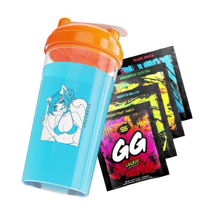Blue shaker cup with orange lid featuring a blue-haired cat girl in a bikini alongside colorful energy drink packets.