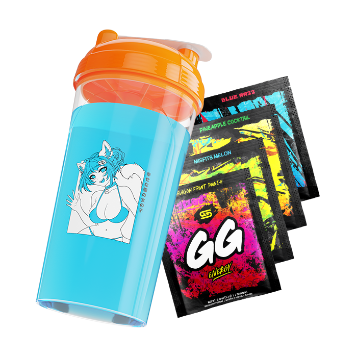 Waifu Cup S1.7 Cat Girl filled with Blue Liquid above four Free GS Sample Packs