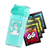 Aqua blue shaker cup with anime girl in bikini graphic alongside four colorful GG Energy drink mix packets.