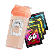 Waifu Cup S1.8 Sad Neko filled with Orange Liquid above four Free GS Sample Packs