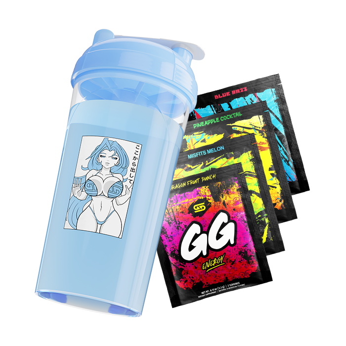 Waifu Cup S1.6 Trapped filled with Blue Liquid above four Free GS Sample Packs