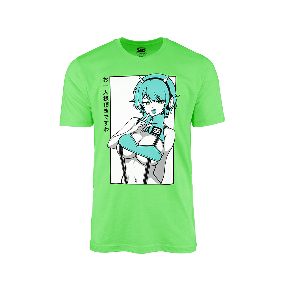 Bright green shirt featuring a teal-haired anime girl with headphones and Japanese text on the left side.