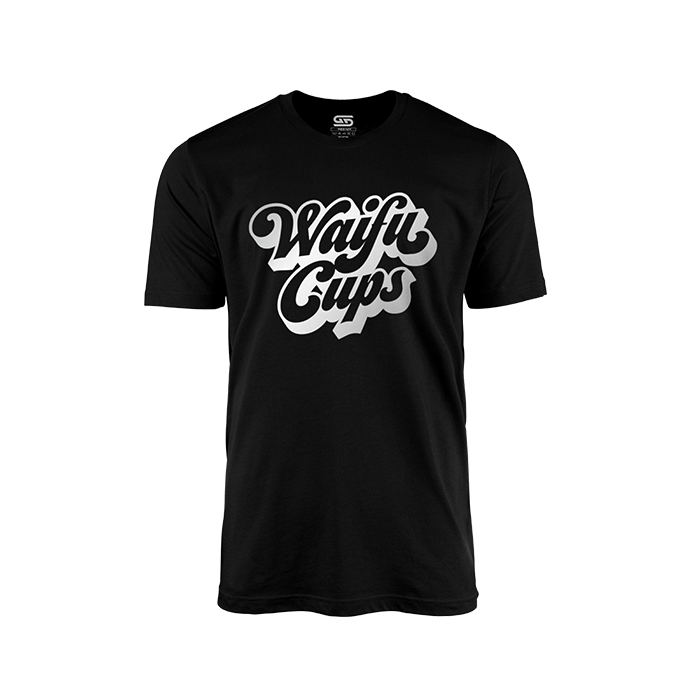 Black short-sleeve tee with large reflective white "Waifu Cups" logo in bold script on front