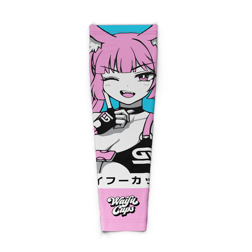 Pink-haired anime girl with cat ears winking on a blue background, black gloves, and "Waifu Cups" text on a pink band.