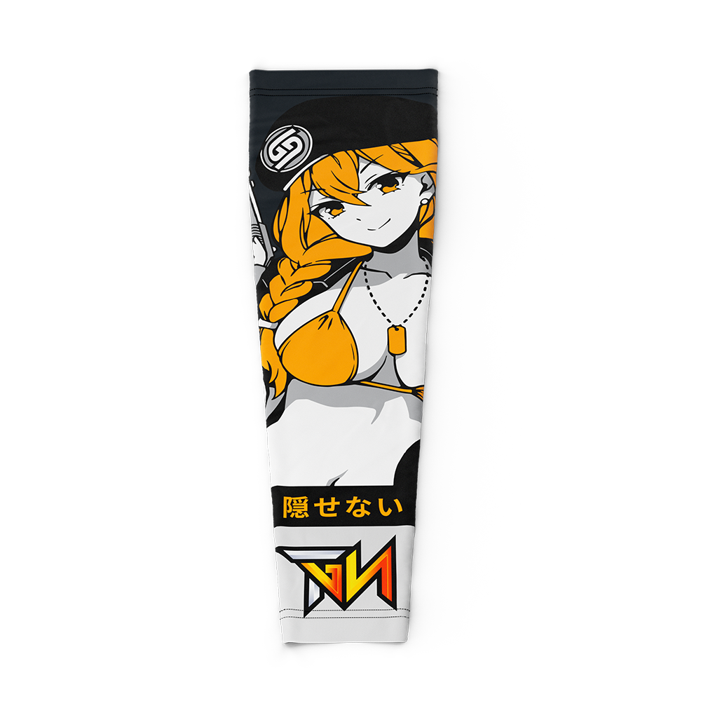 Black and white gaming sleeve with an anime-style character holding a gun and orange hair detail in 2XL size.