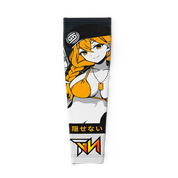 Black and white gaming sleeve with an anime-style character holding a gun and orange hair detail in 2XL size.
