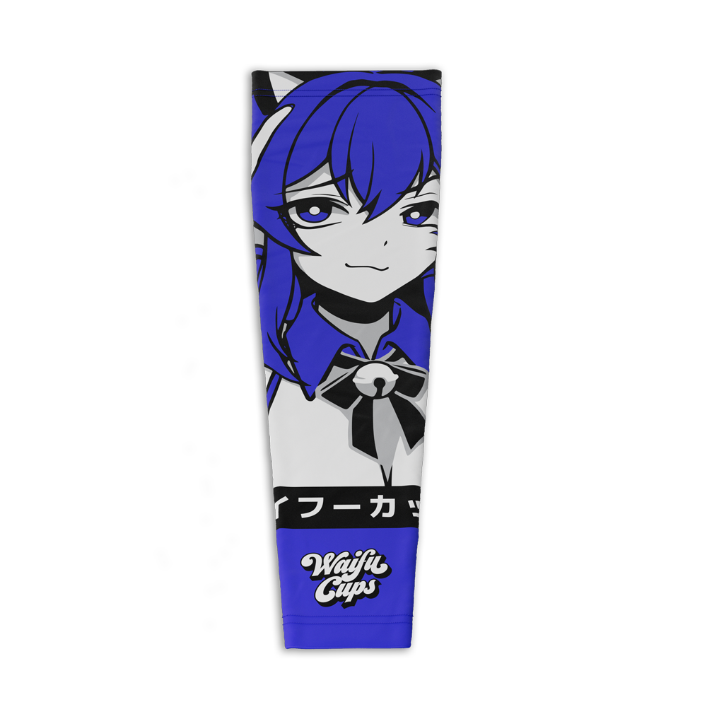 Blue and white gaming sleeve featuring a cat-eared anime girl with purple eyes and a black bow tie with a bell.