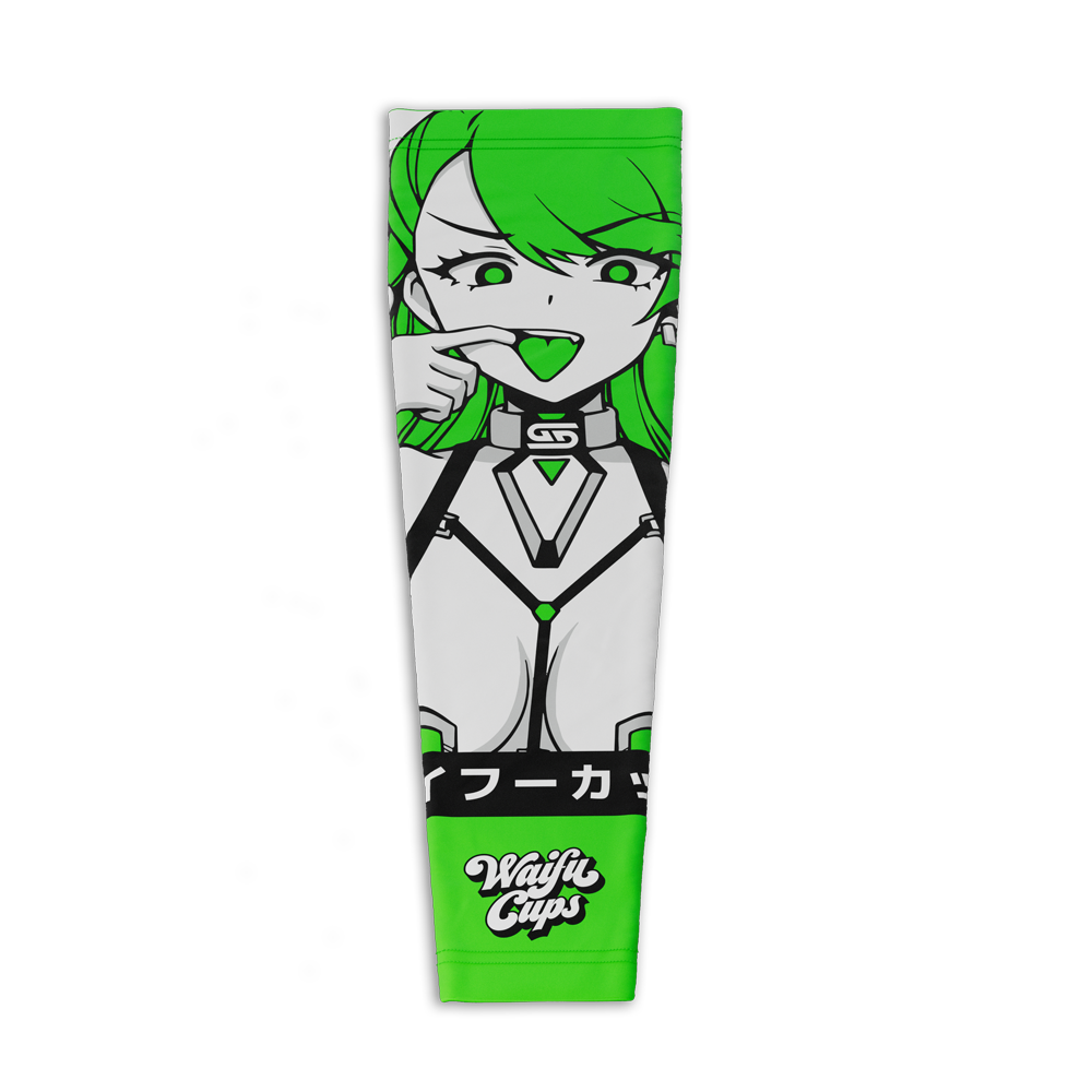 Gaming sleeve with a green-haired anime girl showing a heart on her tongue and black and white futuristic outfit details.