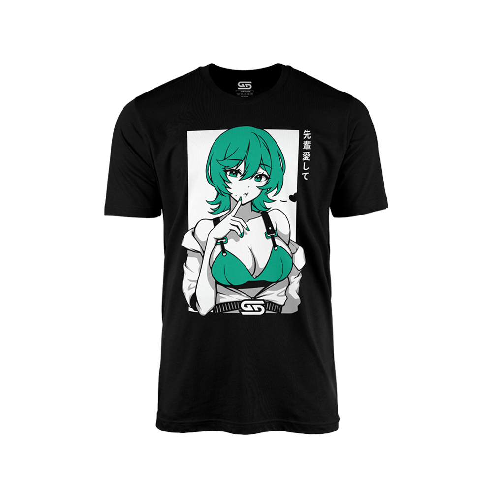 Black shirt with a teal-haired anime woman in a teal top and white jacket, with Japanese text on the side.